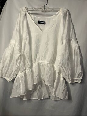 Karl Lagerfeld Paris White V-Neck Blouse Long Balloon Sleeves Size L